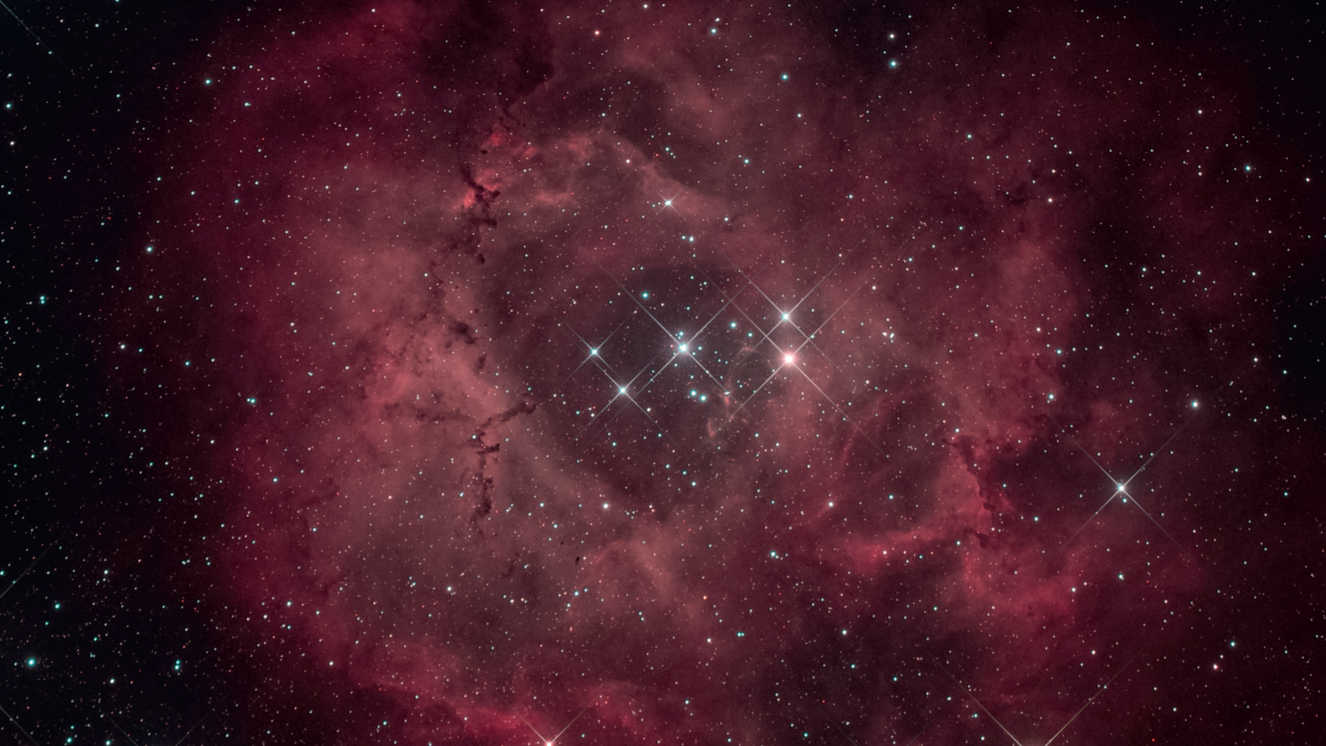 Je nach zu fotografierendem Objekt eignen sich verschiedene Kameras unterschiedlich gut: für diese Aufnahme des Rosettennebels mit dem zentralen Sternhaufen NGC 2244 wurde eine Hα-modifizierte DSLR vom Typ Canon D6 an einem Teleskop mit 530mm Brennweite (Öffnungsverhältnis f/5) verwendet. Das Bild setzt sich aus 10 Aufnahmen mit einer Belichtungszeit von je 450 Sekunden (bei ISO 1600) zusammen und weist damit eine Gesamtbelichtungszeit von 75 Minuten auf. U. Dittler