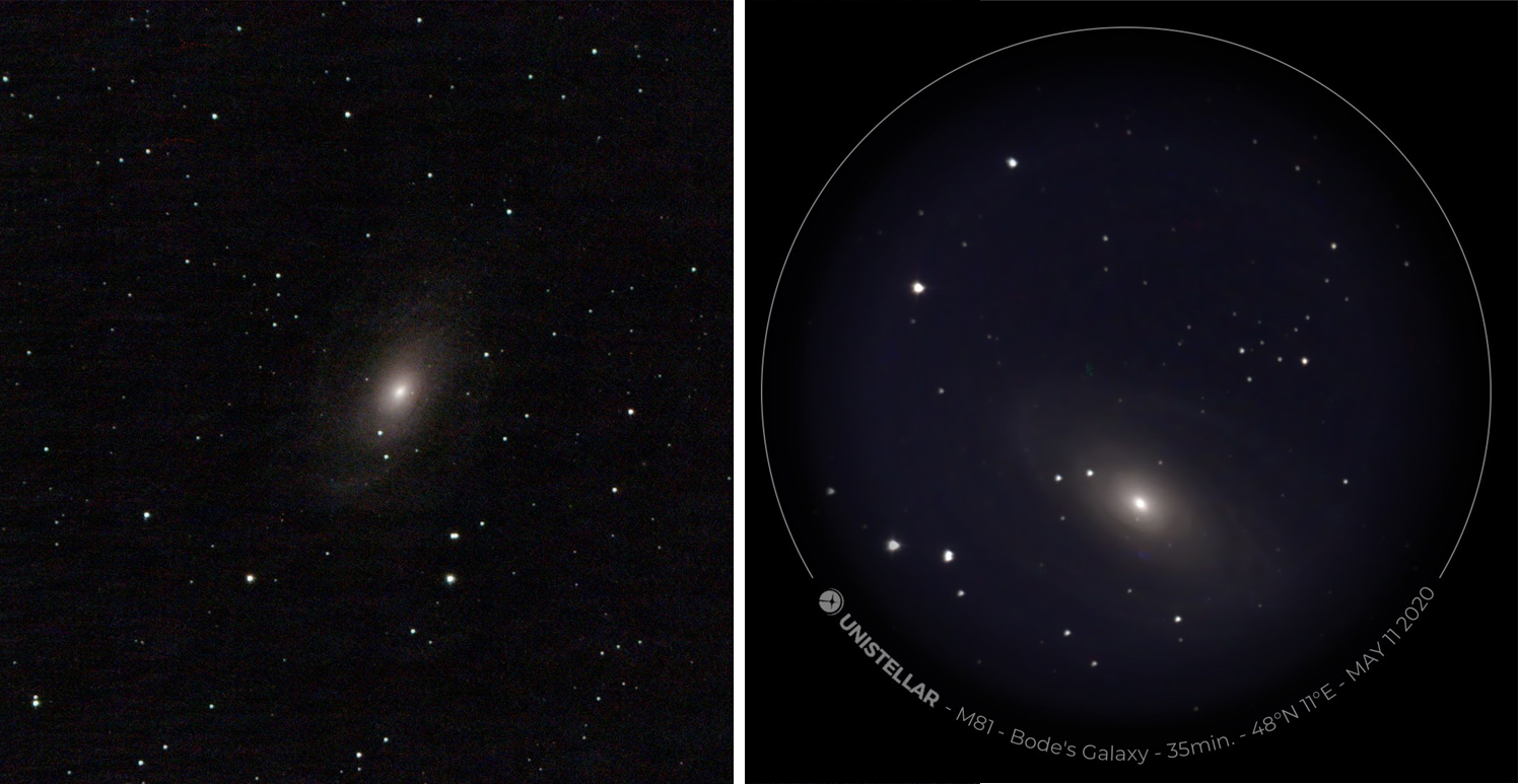 Comparaison des deux télescopes sur la galaxie M 81. Temps d’exposition : Vaonis 30 minutes, Unistellar 35 minutes.