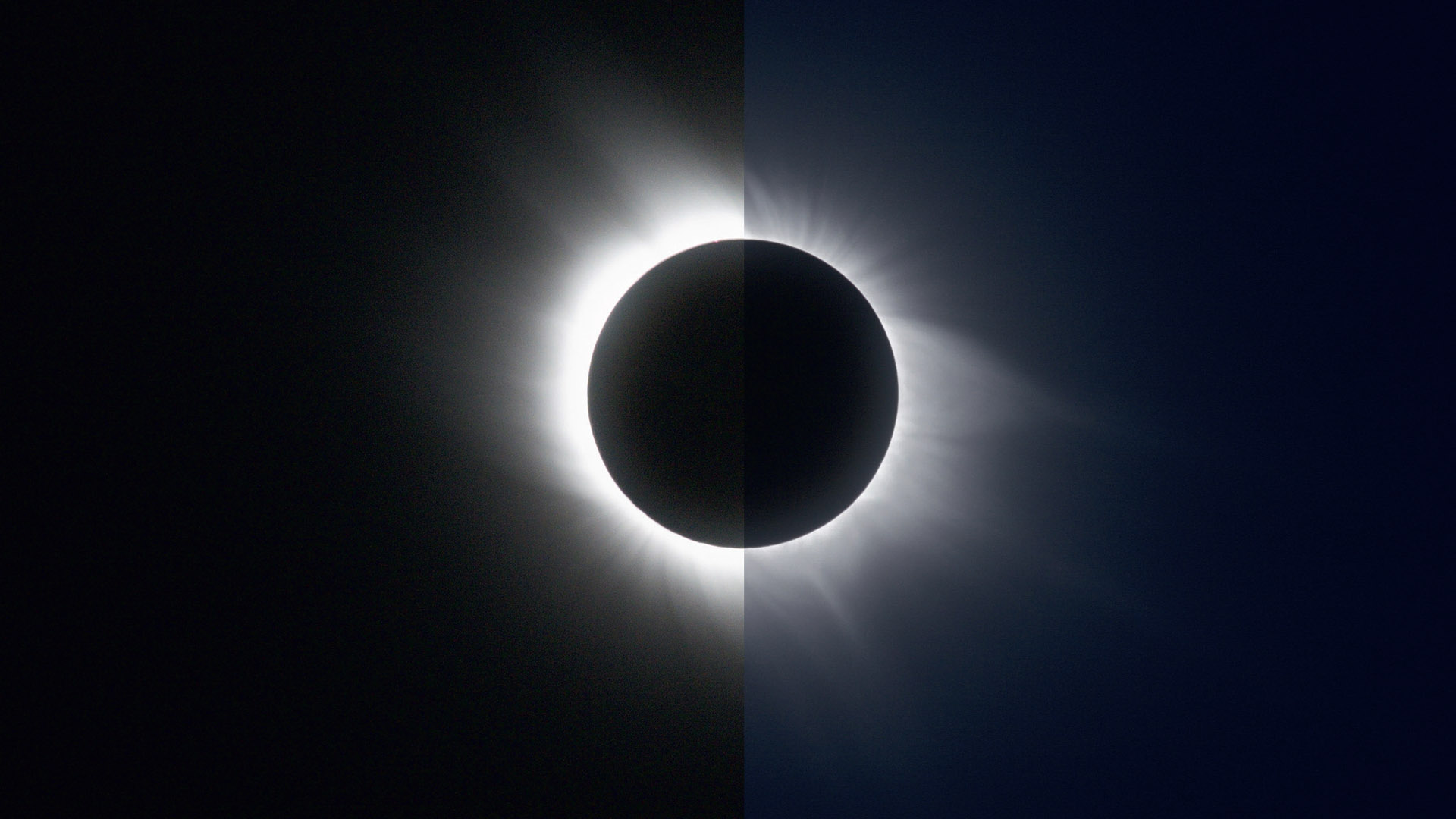 Zwei Ansichten
der totalen Sonnenfinsternis
2006: Links eine
Einzelbelichtung mit 1/8s
Belichtungszeit und rechts
ein HDR-Komposit aus
Aufnahmen mit 1/8s bis
1/1000s Belichtungszeit. M.Weigand