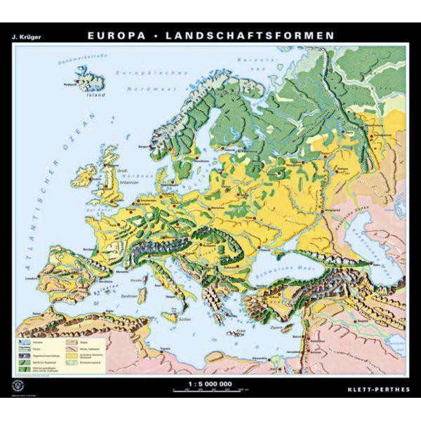 Carte des continents Klett-Perthes Verlag L'Europe formes de paysage/de décharge (P) 2-seitig