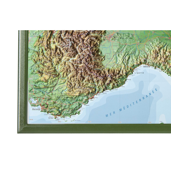 Georelief L'Arc Alpin grand format, carte géographique en relief 3D avec cadre en bois