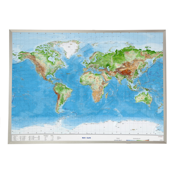 Mappemonde Georelief Le Monde grand format, carte mondiale géographique en relief 3D avec cadre en aluminium