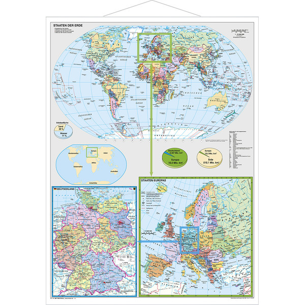 Carte géographique Stiefel L'Allemagne et l'Europe dans le monde avec cadre en métal