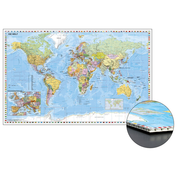 Stiefel Weltkarte mit Ausschnitt Zentraleuropa zum Pinnen auf Wabenplatte