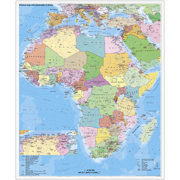 Carte des continents Stiefel Afrika politisch mit PLZ auf Platte zum Pinnen und magnethaftend