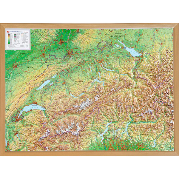 Georelief La Suisse grand format, carte géographique en relief 3D avec cadre en bois