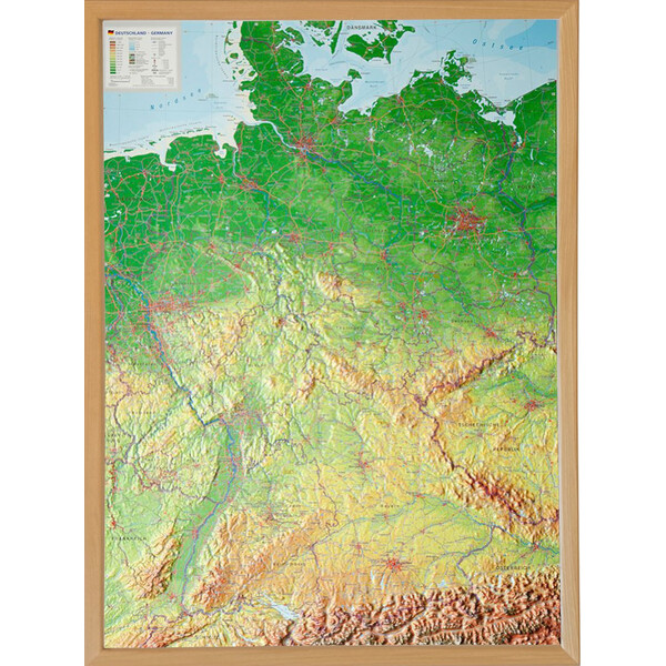Georelief L'Allemagne grand format, carte géographique en relief 3D avec cadre en bois