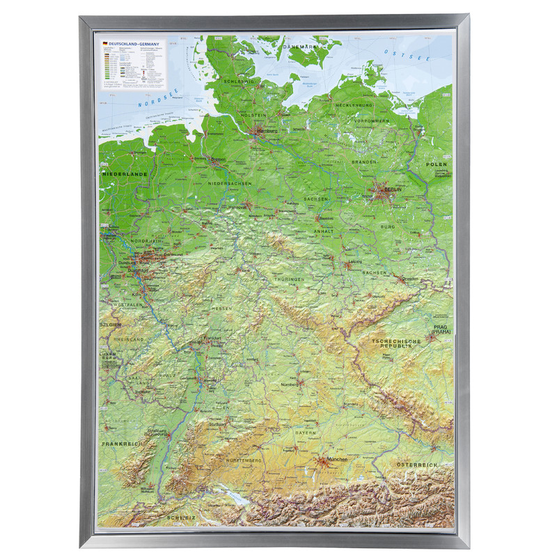 Georelief L'Allemagne grand format, carte géographique en relief 3D avec cadre en aluminium