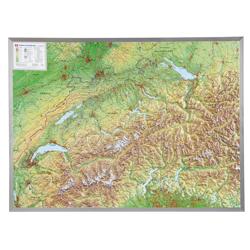 Georelief La Suisse grand format, carte géographique en relief 3D avec cadre en aluminium