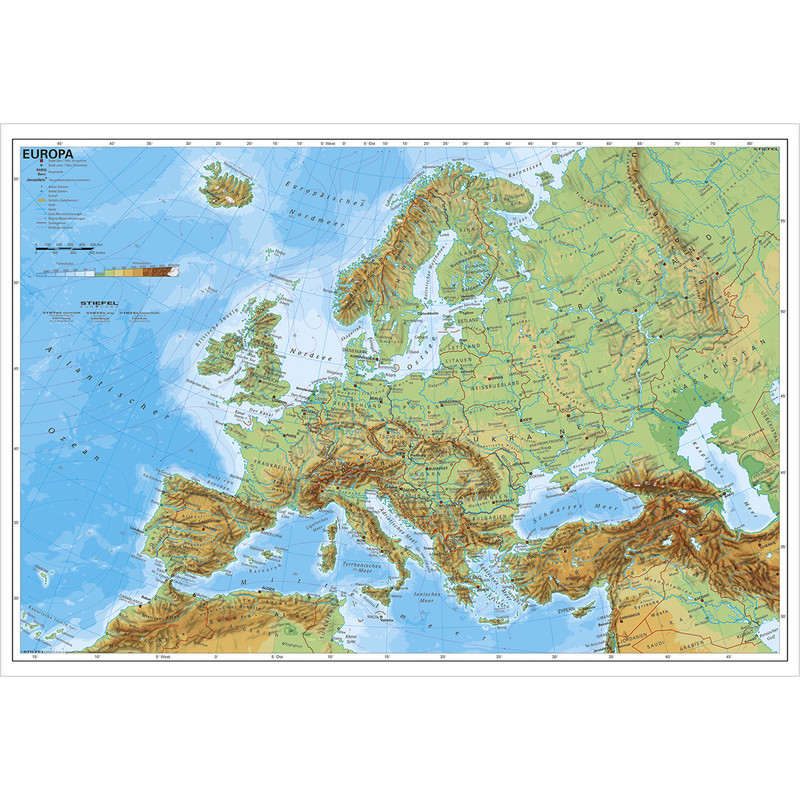 Carte des continents Stiefel L'Europe physiquement