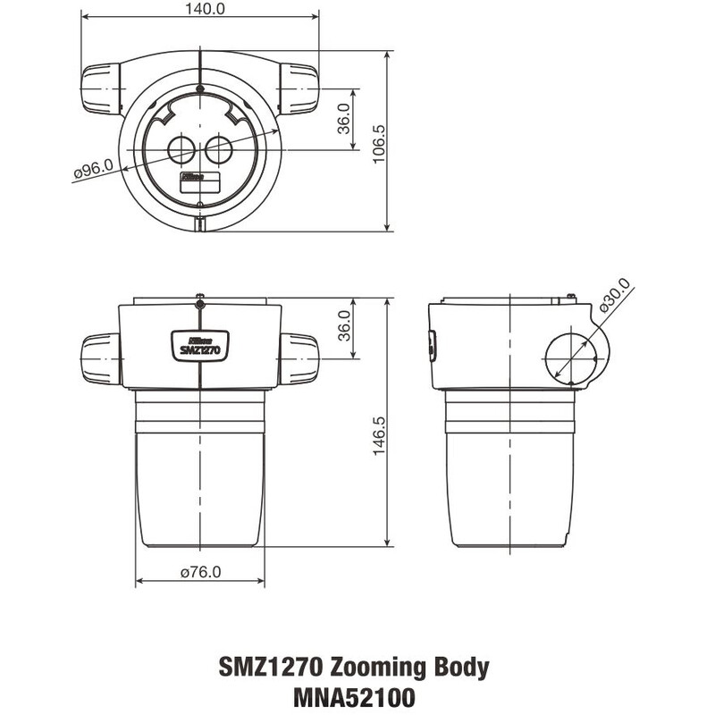 Nikon Stereokopf SMZ-1270 Stereo Zoom Head, bino, 6.3-80x, click stop, ratio 12.7:1, 64 mm, 20°, WD 70 mm