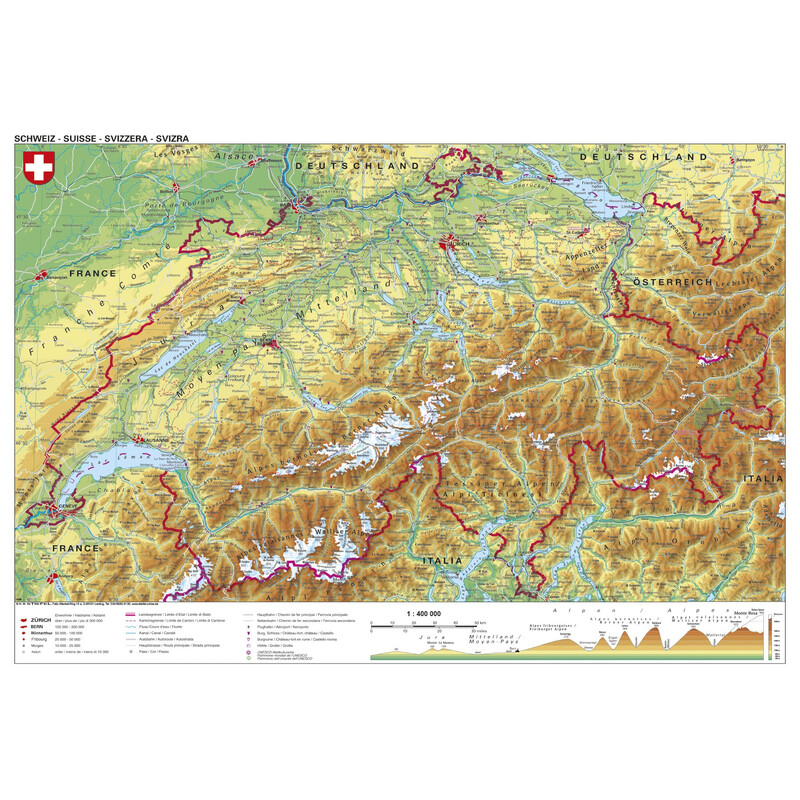 Carte géographique Stiefel Schweiz physisch (98x68)