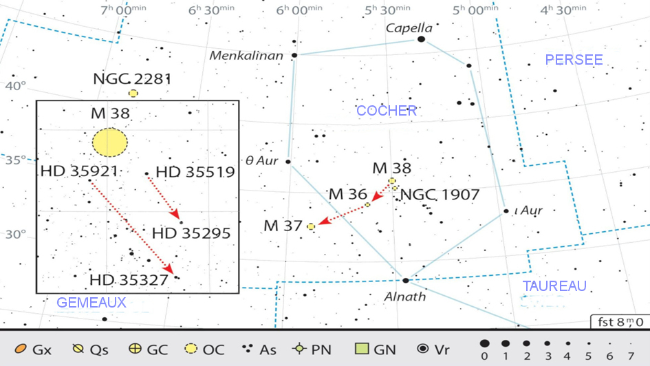 Carte générale de la constellation Auriga, avec conseils pour son observation. J. Scholten