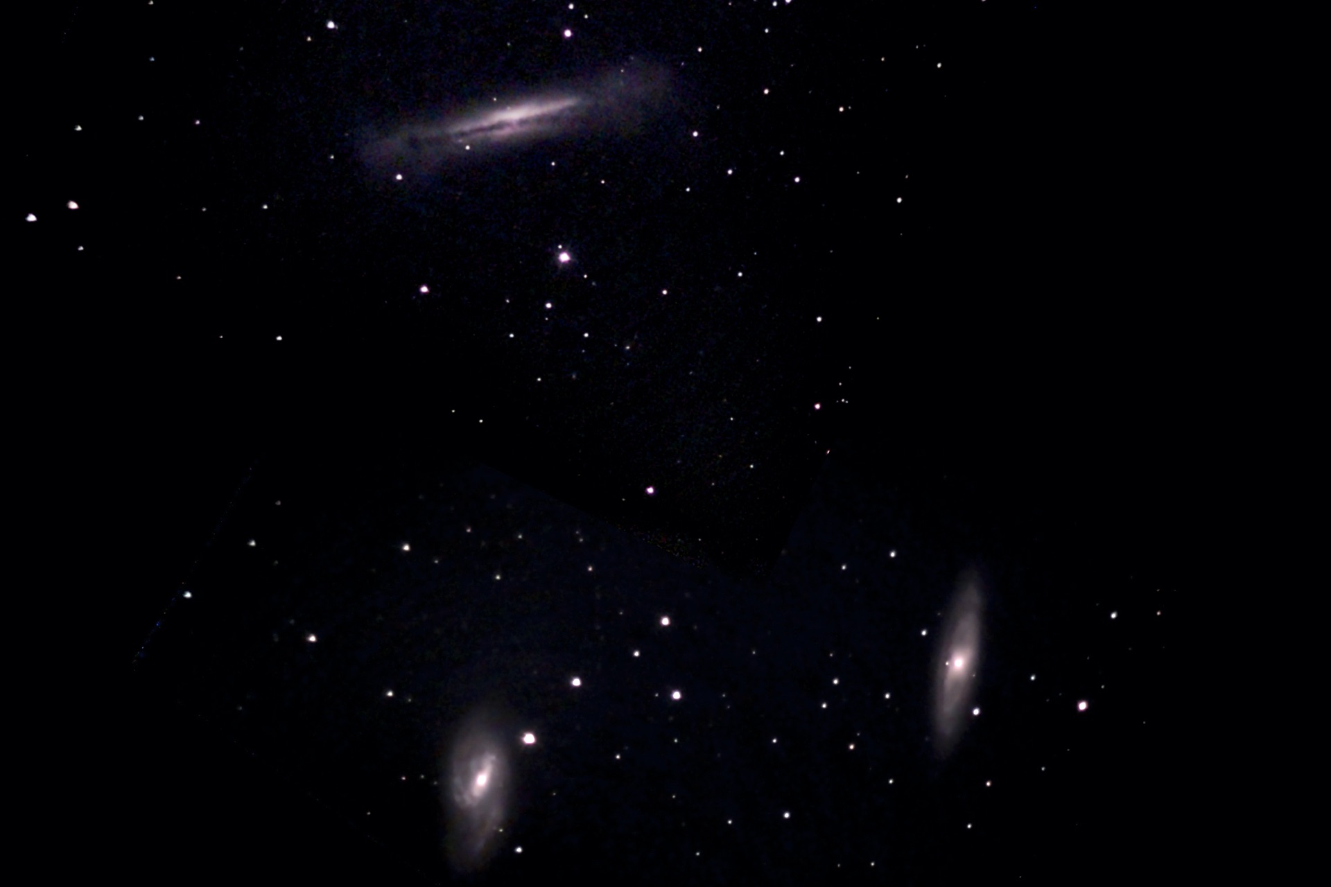 Messier 65 und 66 (unten rechts und links) und NGC 3628, Komposit aus zwei Aufnahmen mit dem Unistellar eVscope. Foto: Marcus Schenk