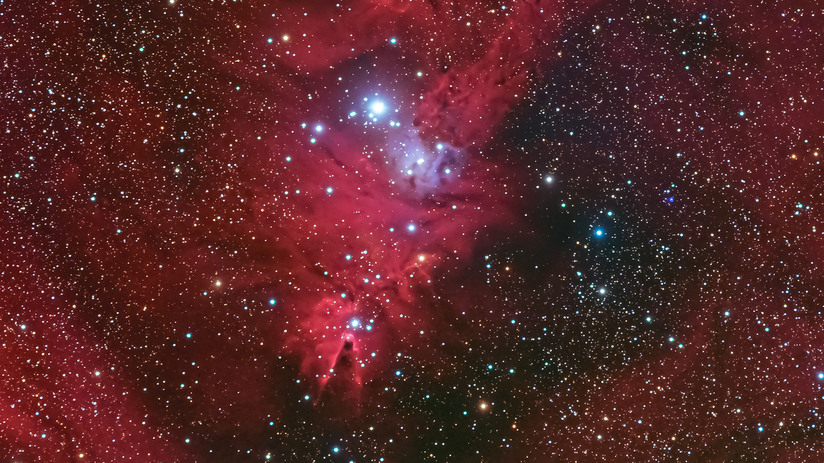 L’amas de l’Arbre de Noël NGC 2264 avec, directement en-dessous, la nébuleuse du Cône, une nébuleuse obscure, Tragoolchitr Jittasaiyapan