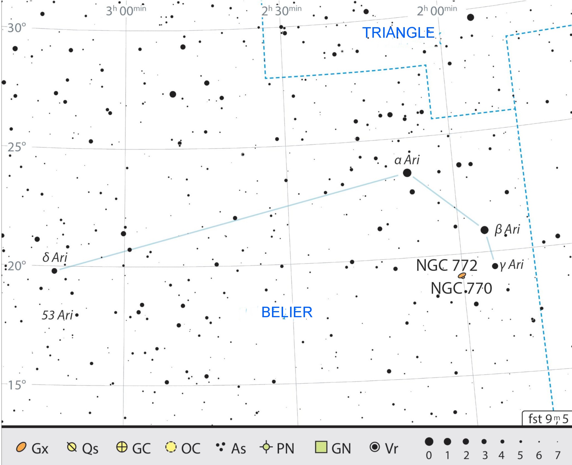 Carte générale de la constellation du Bélier, avec conseils pour son observation.