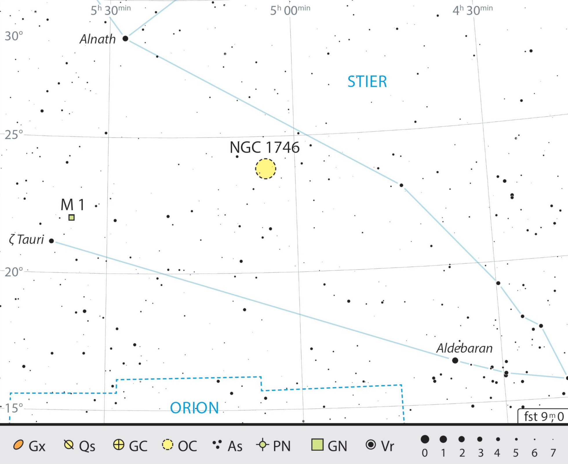 Aufsuchkarte von Messier 1 im Sternbild Stier. J. Scholten
