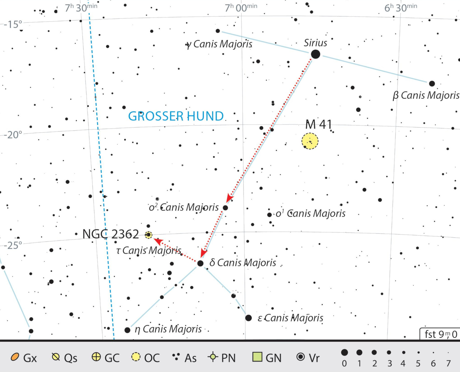 Aufsuchkarte des Tau-Canis-Majoris-Haufens im Sternbild Großer Hund. J. Scholten