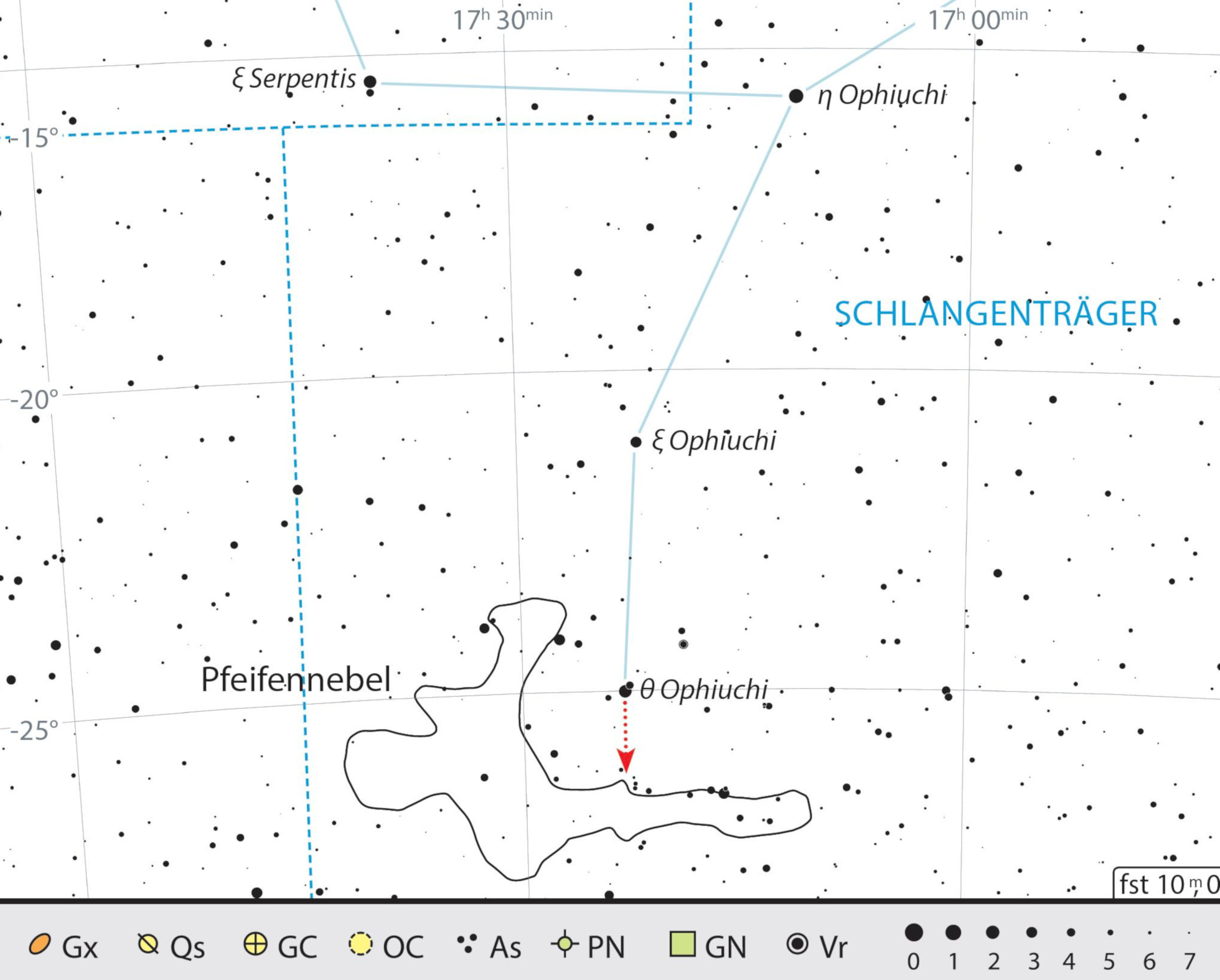 Carte de recherche de la nébuleuse de la Pipe dans la constellation du Serpentaire. J. Scholten
