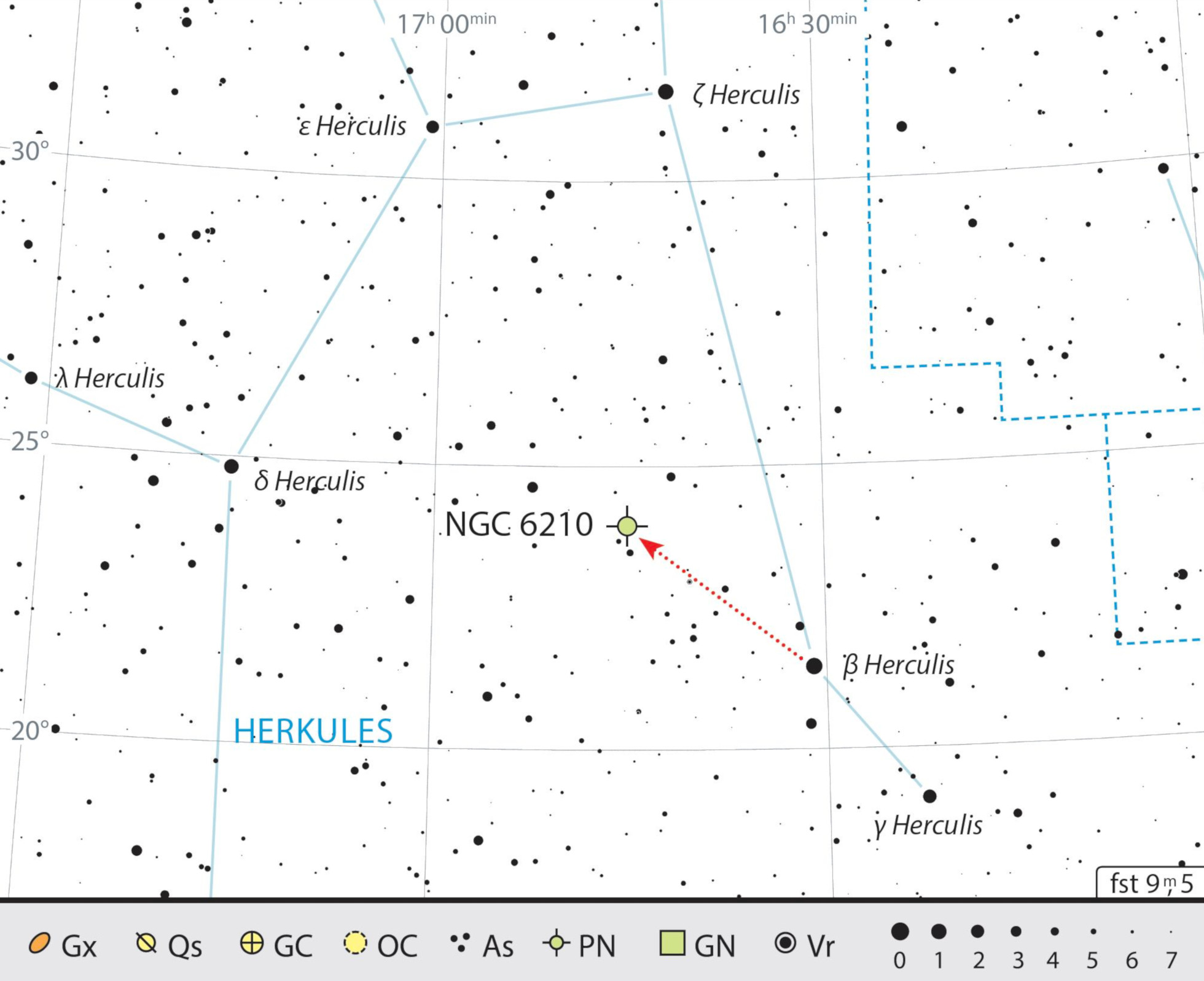Aufsuchkarte für NGC 6210 im Sternbild Hercules. J. Scholten