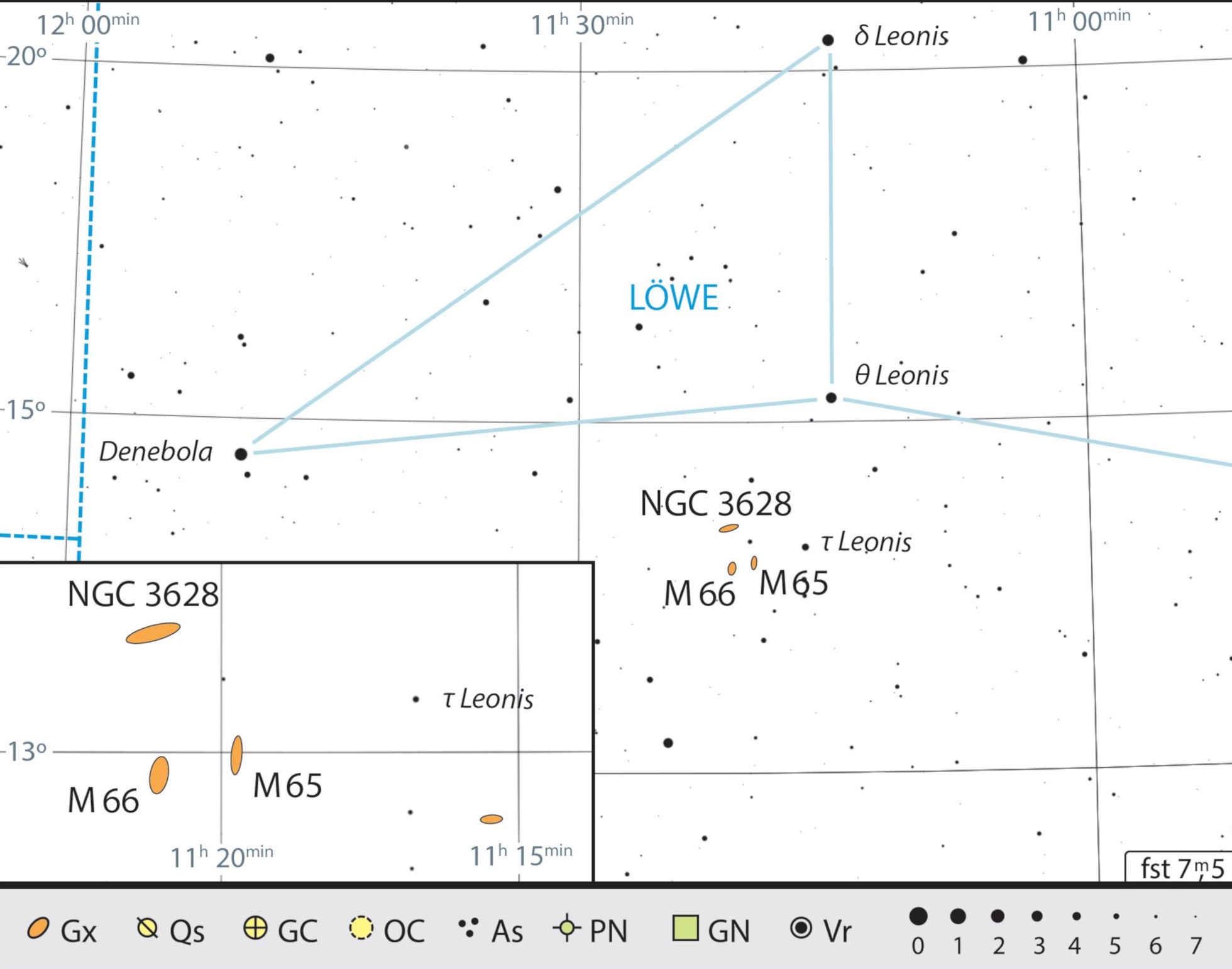 Von τ Leonis sind M 65 und M 66 nur wenige Teleskop-Gesichtsfelder entfernt. J. Scholten