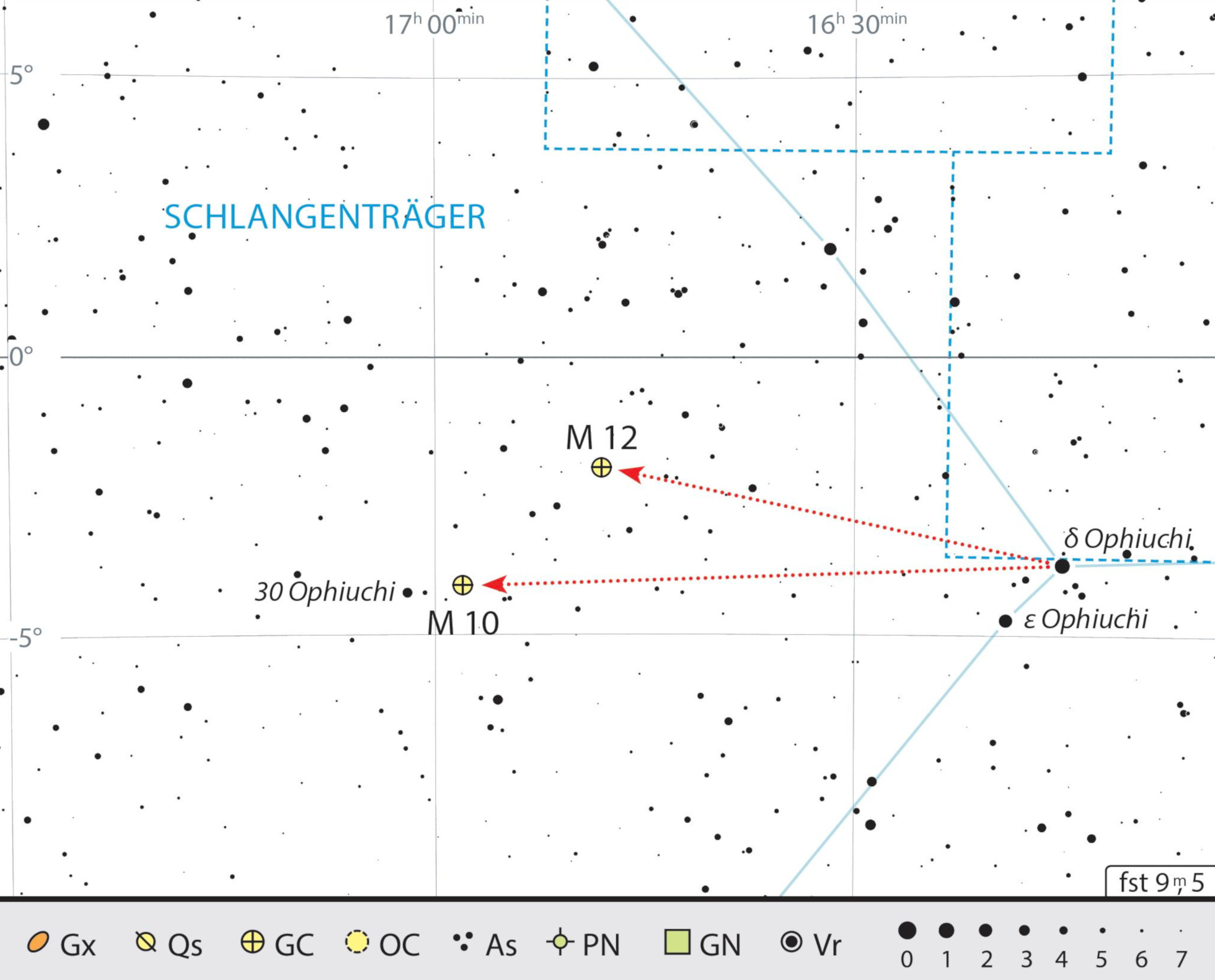 Aufsuchkarte der beiden Kugelsternhaufen M 10 und M 12 im Sternbild Schlangenträger. J. Scholten