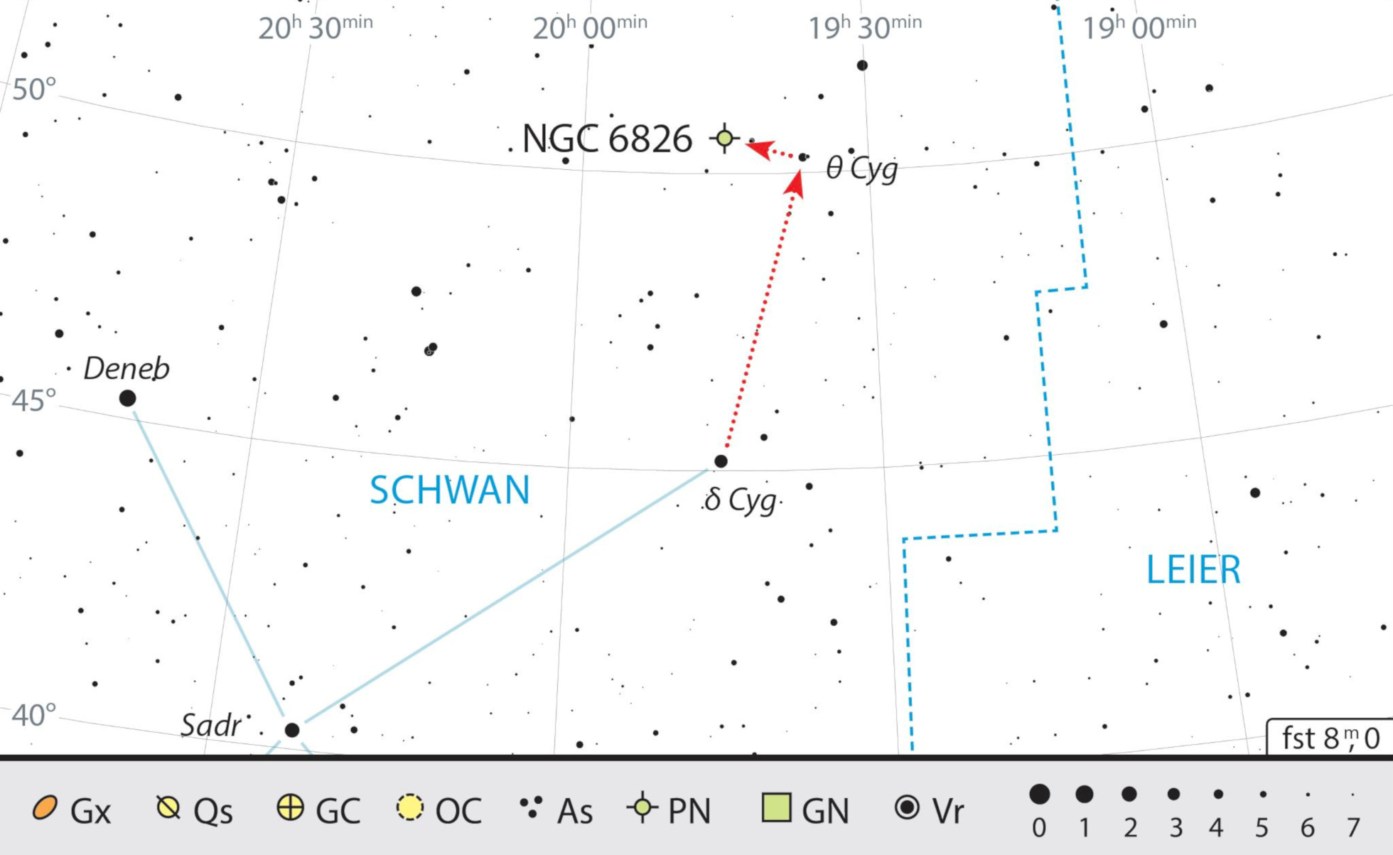NGC 6826 lässt sich über die Sterne δ Cygni und θ Cygni finden. J. Scholten
