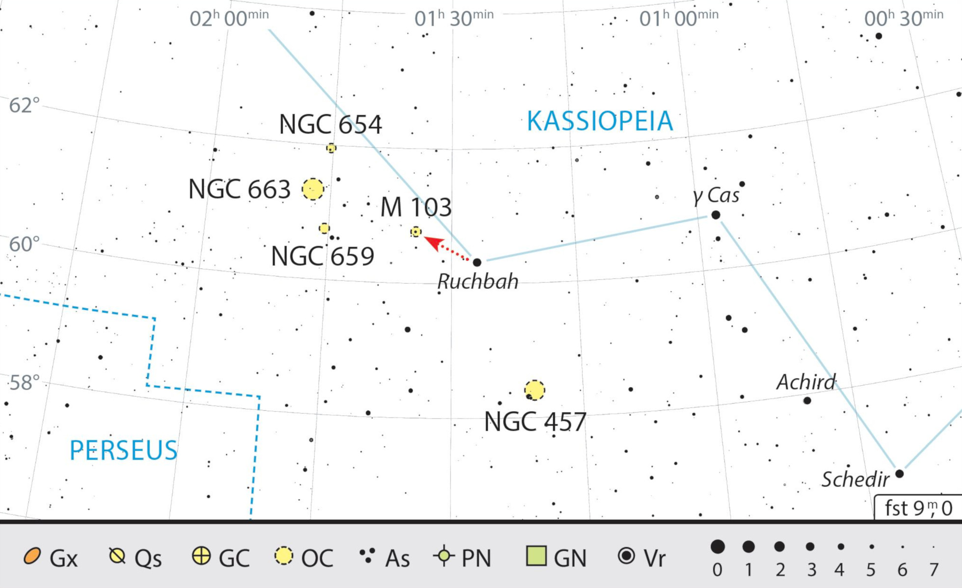 M103 findet man leicht über den Stern Ruchbah (δ Cas). J. Scholten
