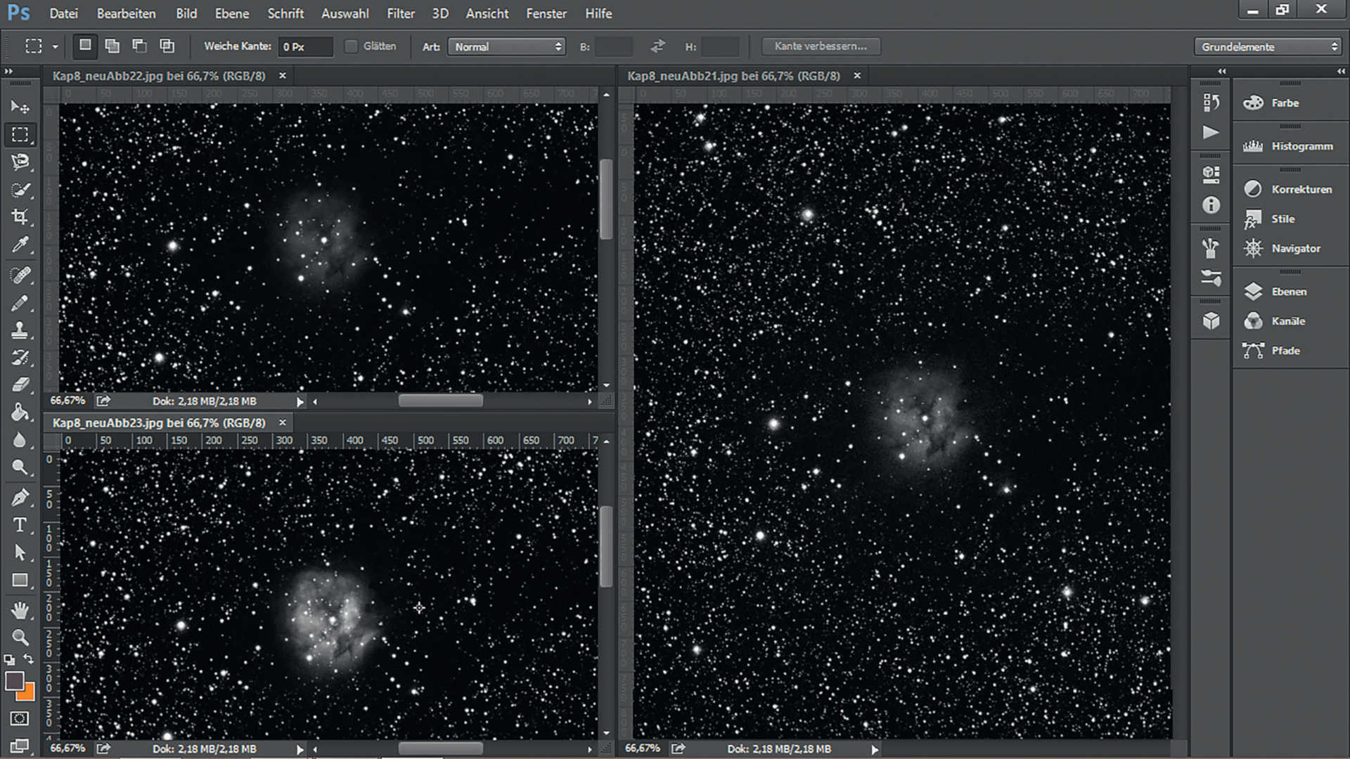 Photo de la nébuleuse du Cocon (IC5146) dans la constellation du Cygne et comment elle a été réalisée : alignement, ajout de l’empilement d’images composé de huit prises de vues individuelles avec filtres rouge, vert et bleu, et augmentation du contraste. Caméra SBIG STF-8300 sur astrographe 200/600 mm, temps d’exposition total : 72 minutes, filtres RVB. U. Dittler