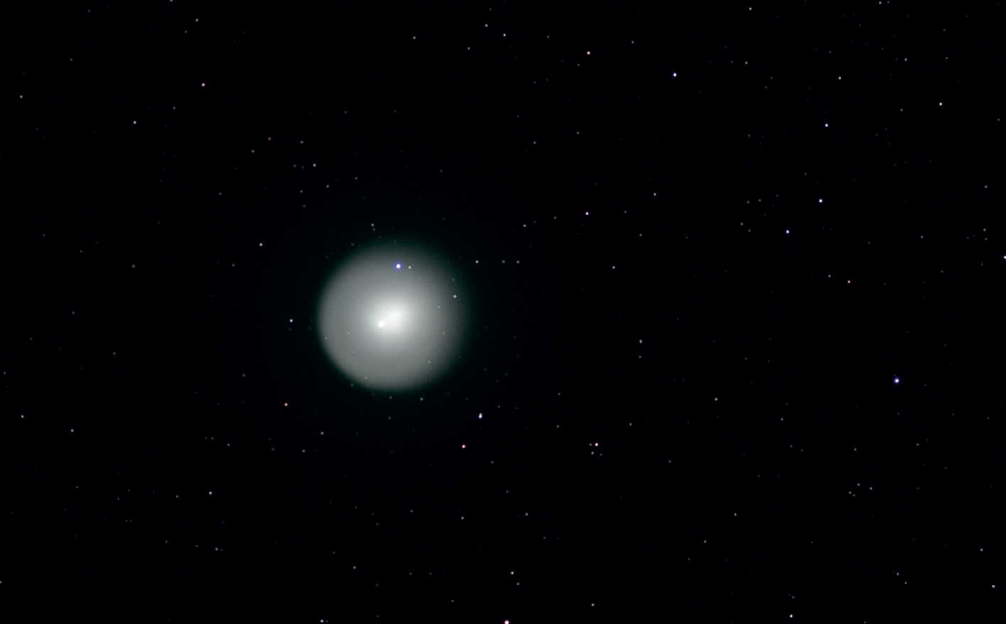 2007 dominierte der periodische
Komet 17P (Holmes) den Himmel im Herbst.
Die klare Form und Größe des Kometenkopfes
zeigen sich auf dieser Schwarz-Weiß-Aufnahme,
die am 1.11.2007 mit einer gekühlten CCD-Kamera
an einem Takahashi FS-102 entstanden
ist. Auch wenn Farbaufnahmen der grün schimmernden
Kometen typisch sind, zeigt sich in dieser
Aufnahme auch der besondere Reiz einer
Schwarz-Weiß-Aufnahme. U. Dittler