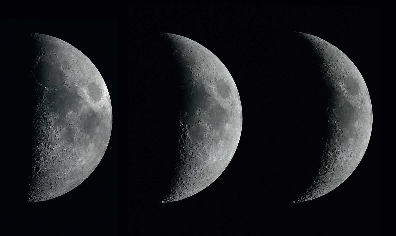 Les phases de la Lune ascendante, sur trois jours consécutifs. Les prises de vues ont été réalisées avec un reflex numérique du type Canon 450D, sur une lunette d’une ouverture de 102 mm et d’une distance focale de 1 000 mm, à des intervalles d’une journée. U. Dittler