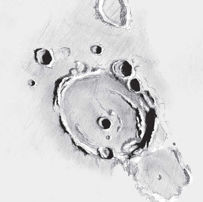 Zeichnung von Posidonius: Auffallend ist ein Gebirgszug, der leicht spiralförmig in das Kraterinnere verläuft. Serge Vieillard