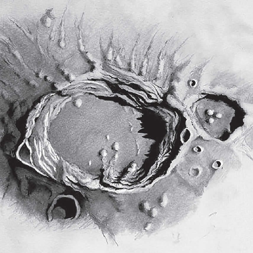 Dessin d’Aristote et de Mitchell, réalisé avec un télescope d’une ouverture de 400 mm, grossissement 385x. Dans un télescope de cette ouverture, les deux cratères présentent énormément de détails. Serge Vieillard