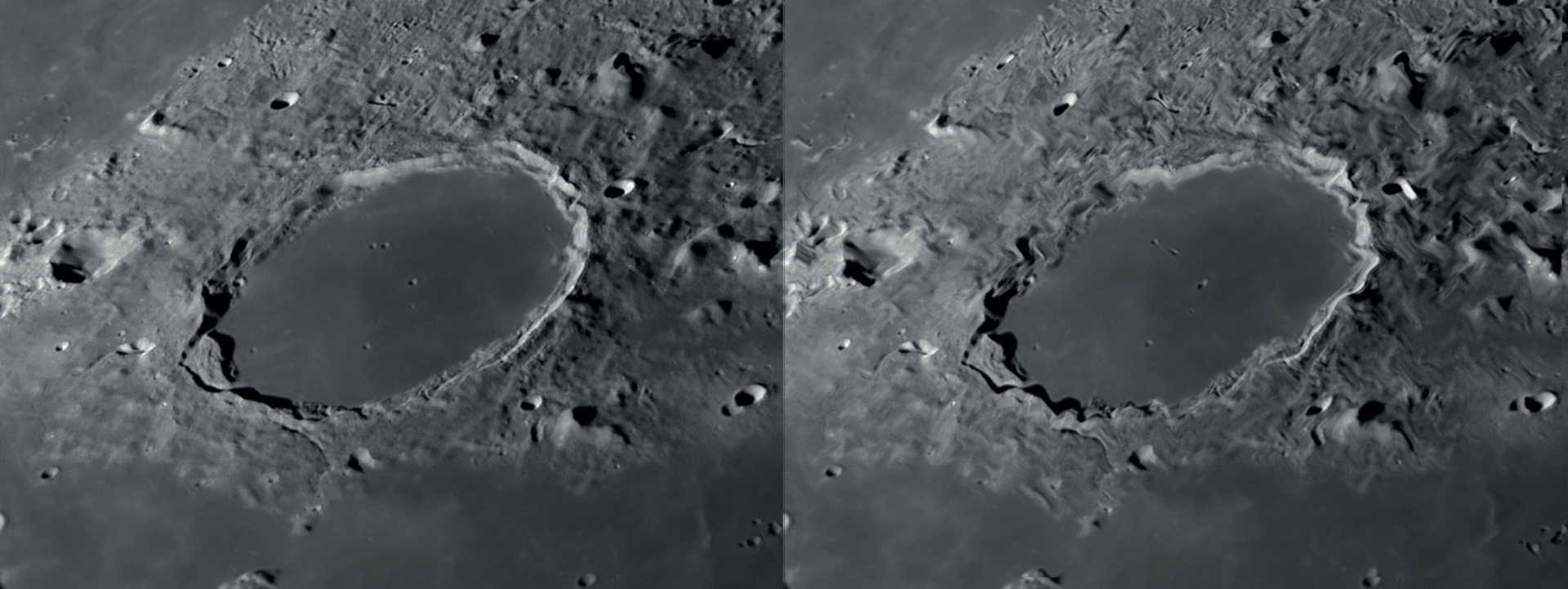 Bei gutem
Seeing ist die Detailerkennung
bei der Mond- und
Planetenbeobachtung
hoch (links).
Langsame Luftbewegungen
führen zu lokaler
Bildverzerrung,
während die anderen
Bildbereiche scharf erhalten
bleiben (rechts). NASA/GSFC/Arizona State University/L. Spix