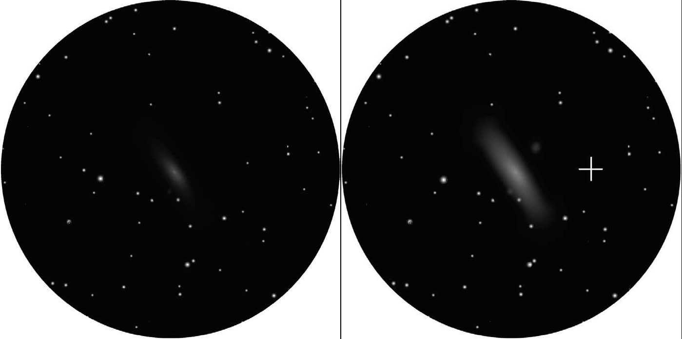 Bei indirektem Sehen (rechts) wird auch die Galaxienscheibe der Andromedagalaxie
M 31 sichtbar. Das Kreuz markiert einen möglichen Fixierungspunkt des beobachtenden Auges. L. Spix