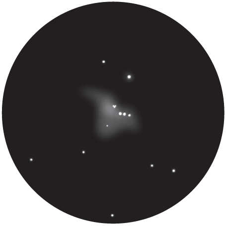 Dessin de la nébuleuse d’Orion, M 42, dans un télescope d’une ouverture de 60 mm, grossissement 50x. L. Spix