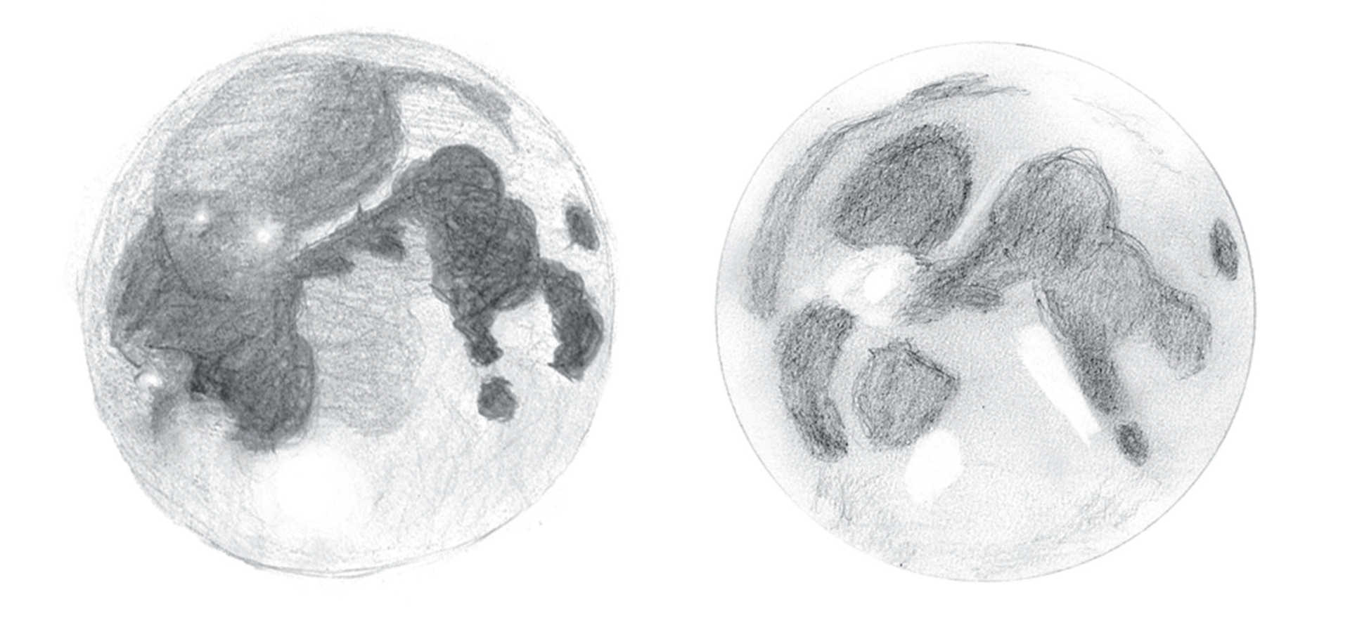 Deux dessins de la pleine Lune vue à l’œil nu. Le système de rayons de Tycho est détectable à l’œil nu en tant que tache lumineuse. De même, Copernic et Kepler ont pu être identifiés. Lambert Spix, Kay Hempel