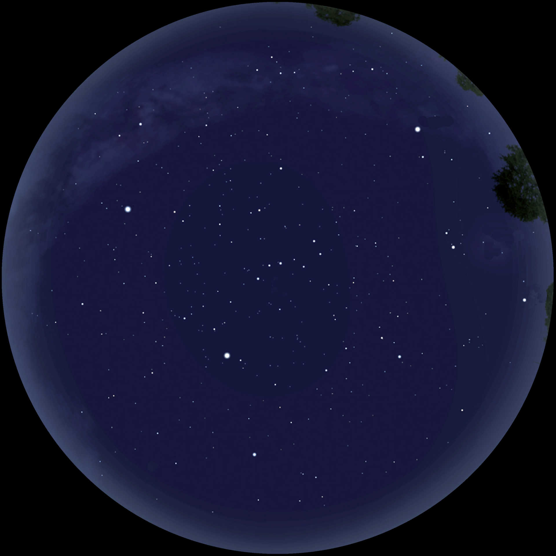 Der Frühlingsnachthimmel als 360° Panorama. Ohne die richtige Navigation fällt die Orientierung schwer. Stellarium