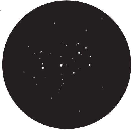 Dessin des Pléiades, M 45, dans un télescope d’une ouverture de 60 mm, grossissement 20×. L. Spix