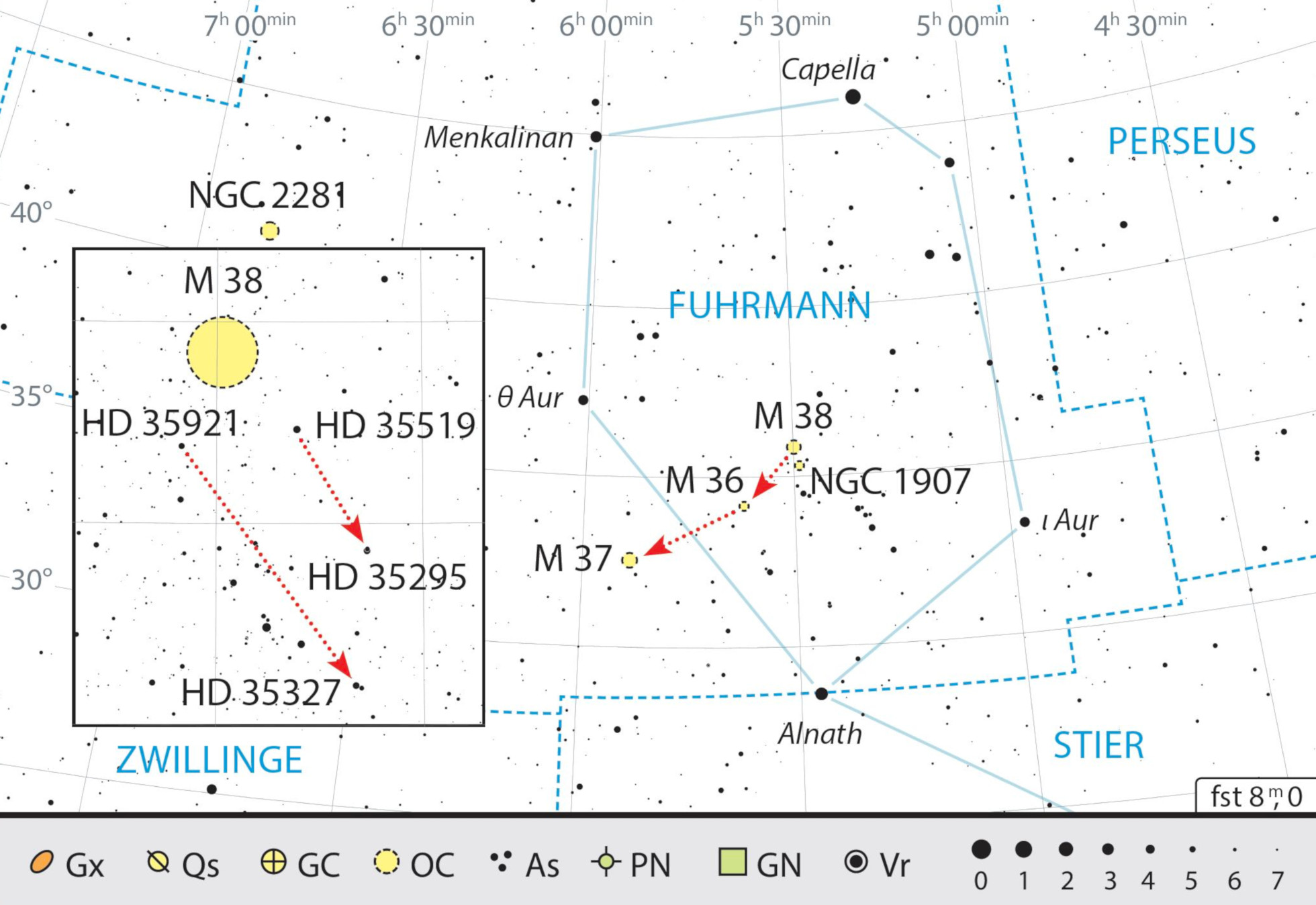 Übersichtskarte des Sternbilds Auriga mit den Beobachtungsempfehlungen. J. Scholten