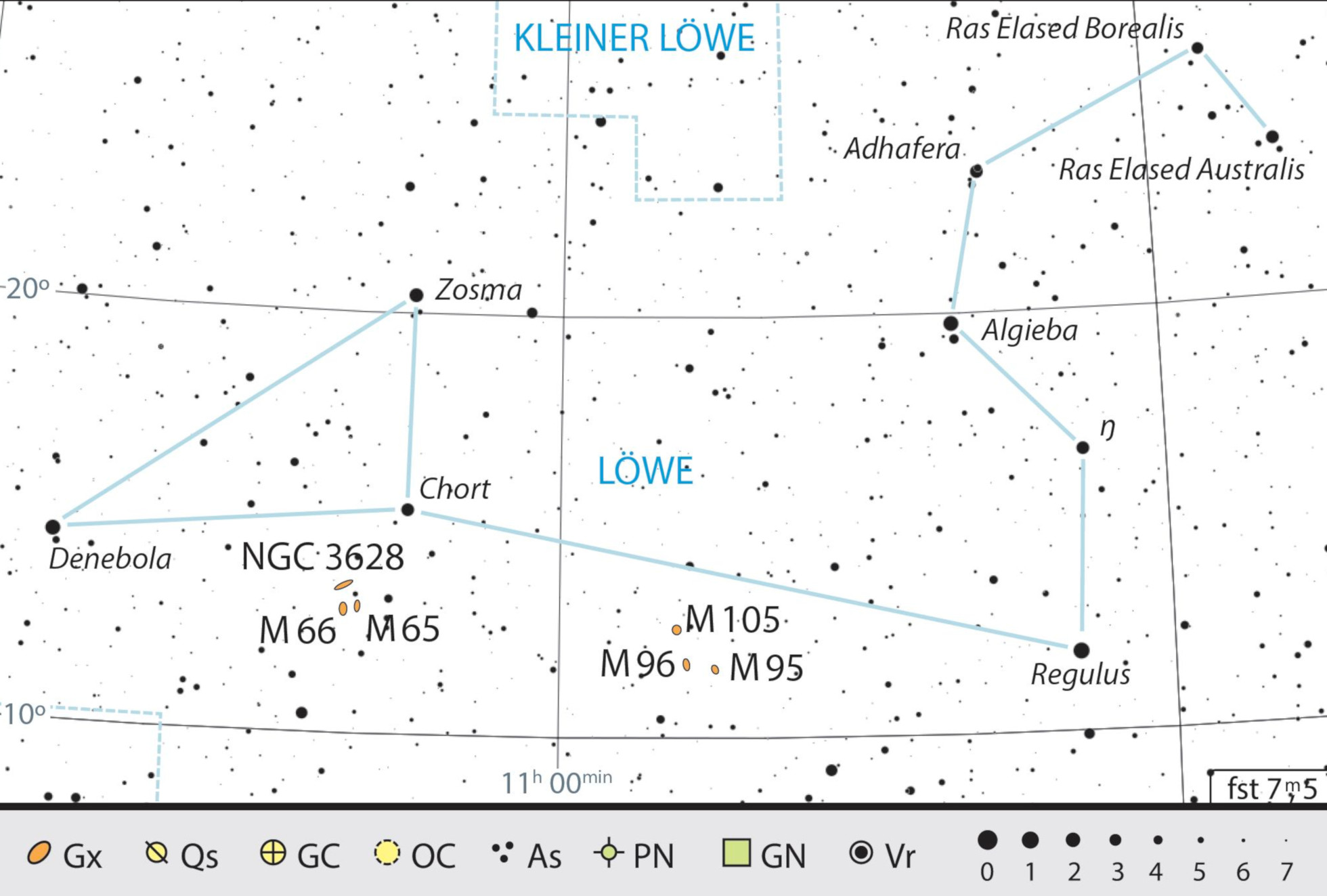 Übersichtskarte des Sternbildes Löwe mit den Beobachtungsempfehlungen. J. Scholten