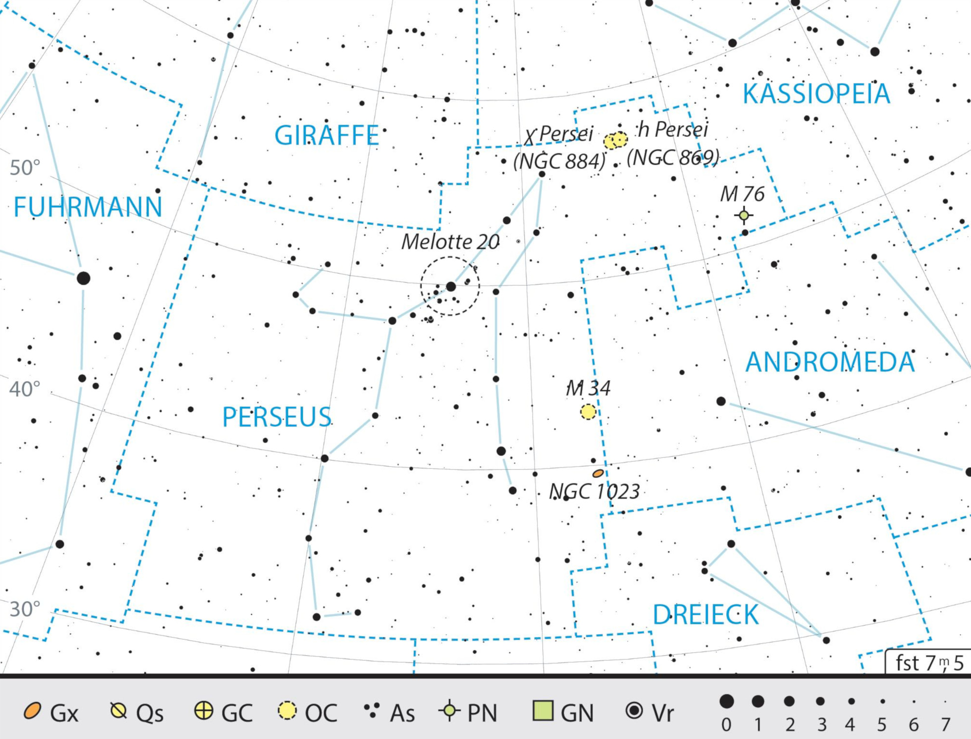 Übersichtskarte des Sternbilds Perseus mit den Beobachtungsempfehlungen. J. Scholten