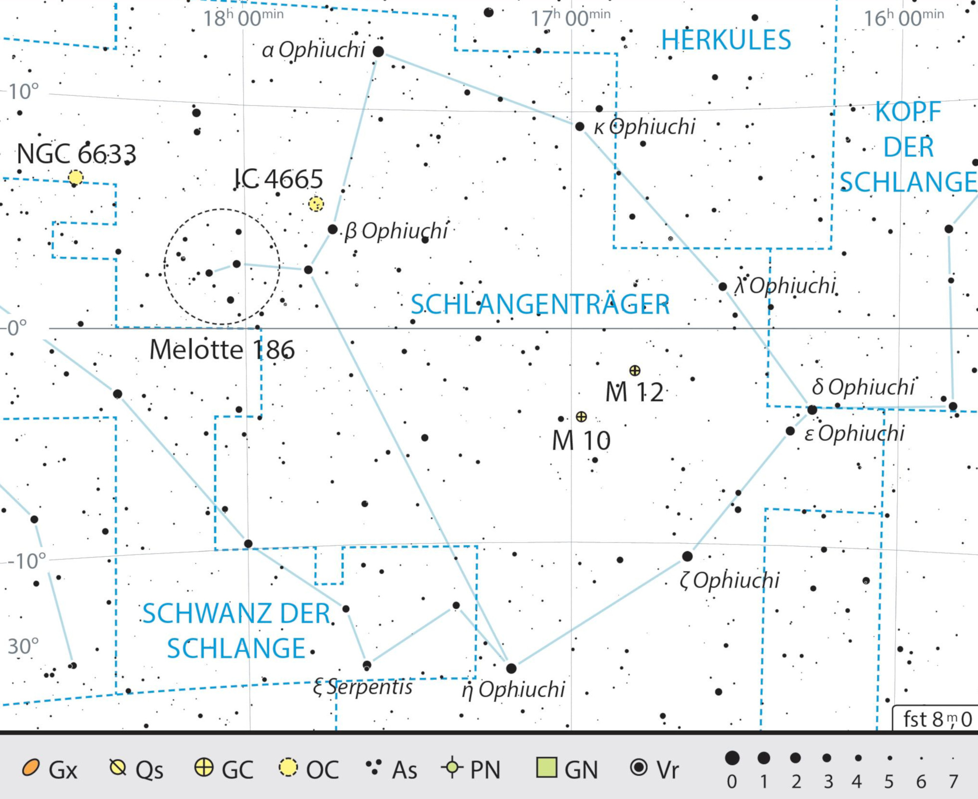 Übersichtskarte des Sternbilds Schlangenträger mit den Beobachtungsempfehlungen. J. Scholten