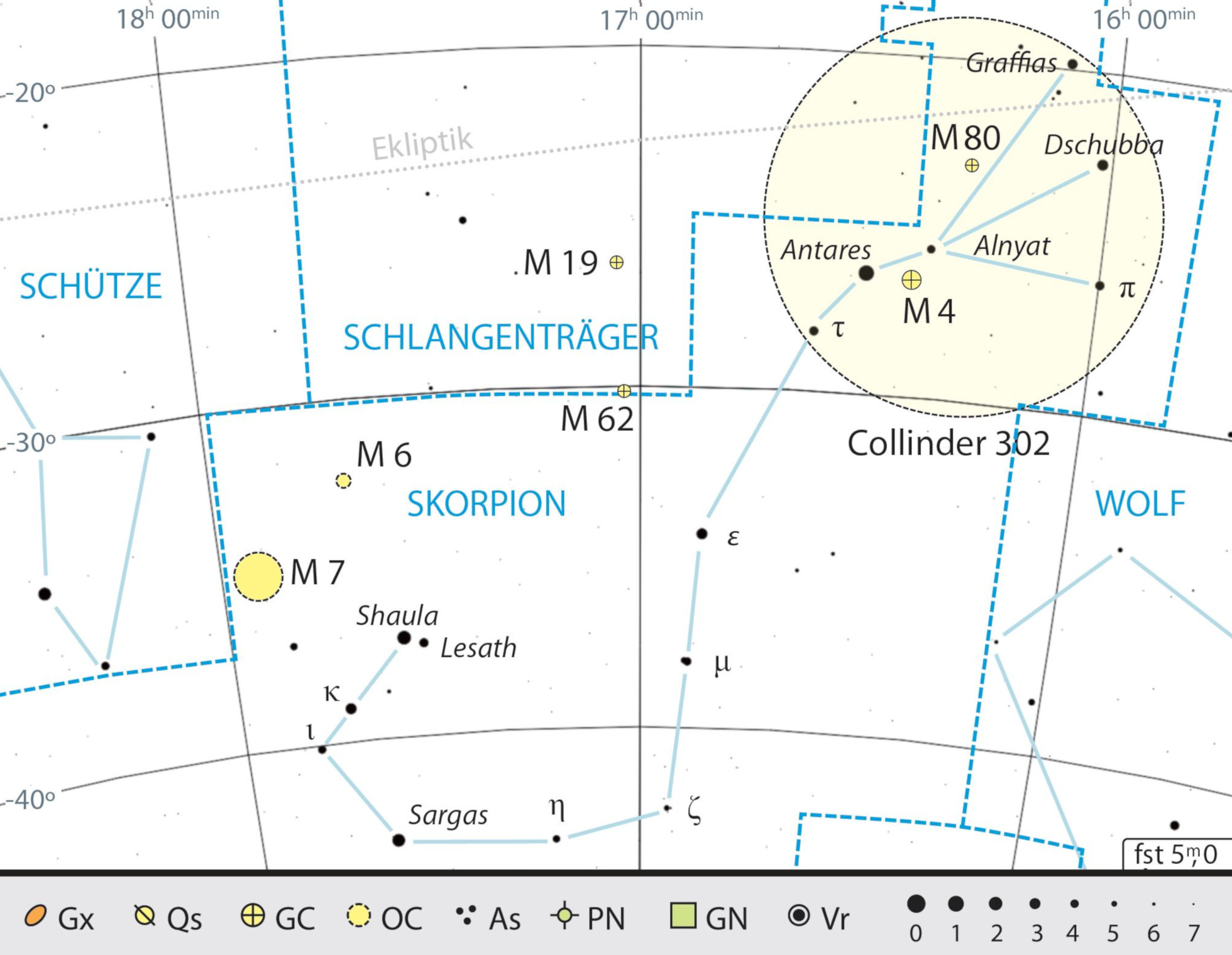Übersichtskarte des Sternbilds Skorpion mit den Beobachtungsempfehlungen, rot eingekreist ist der Antares-Bewegungshaufen. Kai v. Schauroth