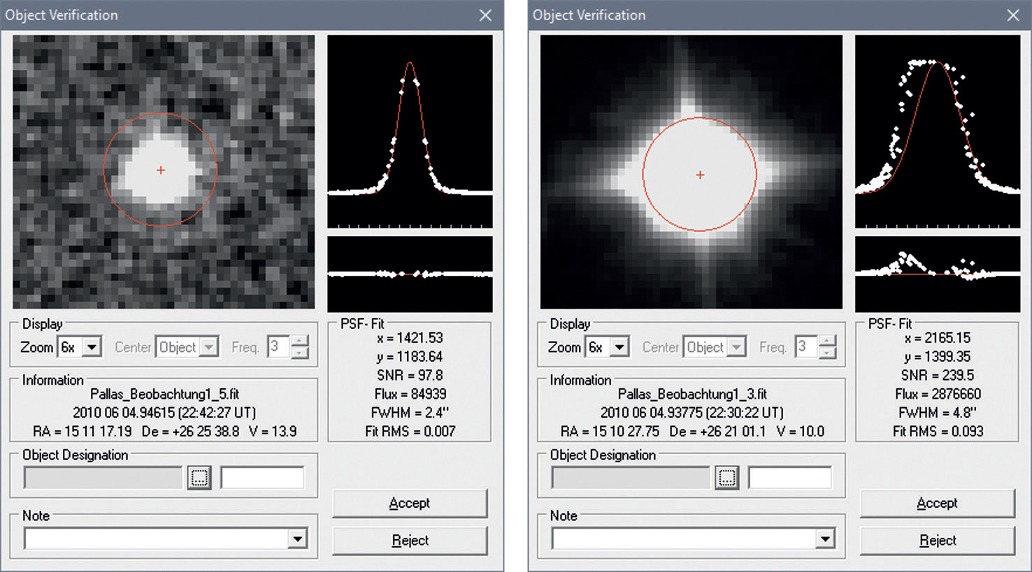 Un bon « position fit » d’un astéroïde, à gauche, et un exemple non optimal en raison d’une surexposition, à droite. M. Weigand