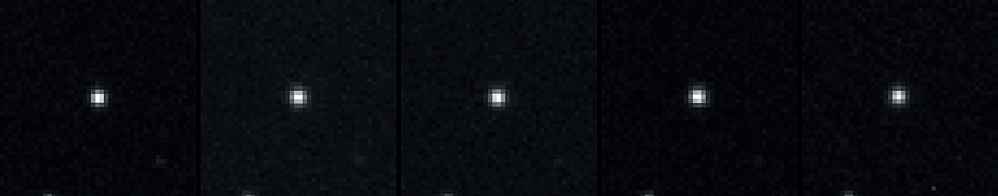 La même étoile, sur différentes images, entre lesquelles la position a été légèrement modifiée. Le profil de l’étoile apparaît asymétrique, ce à quoi on reconnaît le sous-échantillonnage. En outre, le changement de profil d’image en image, est utilisé par l'algorithme Drizzle. M. Weigand