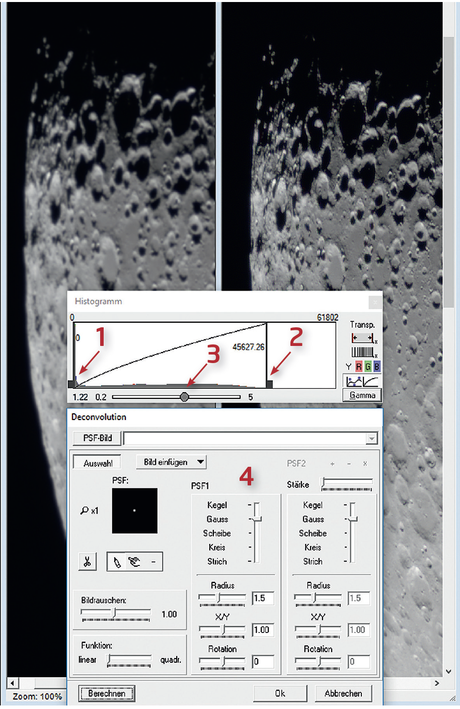 Adaptation des valeurs de teintes via les valeurs de noir (1) et blanc (2) et la valeur gamma (3), de même que la netteté avec la déconvolution (4), dans Fitswork. M. Weigand