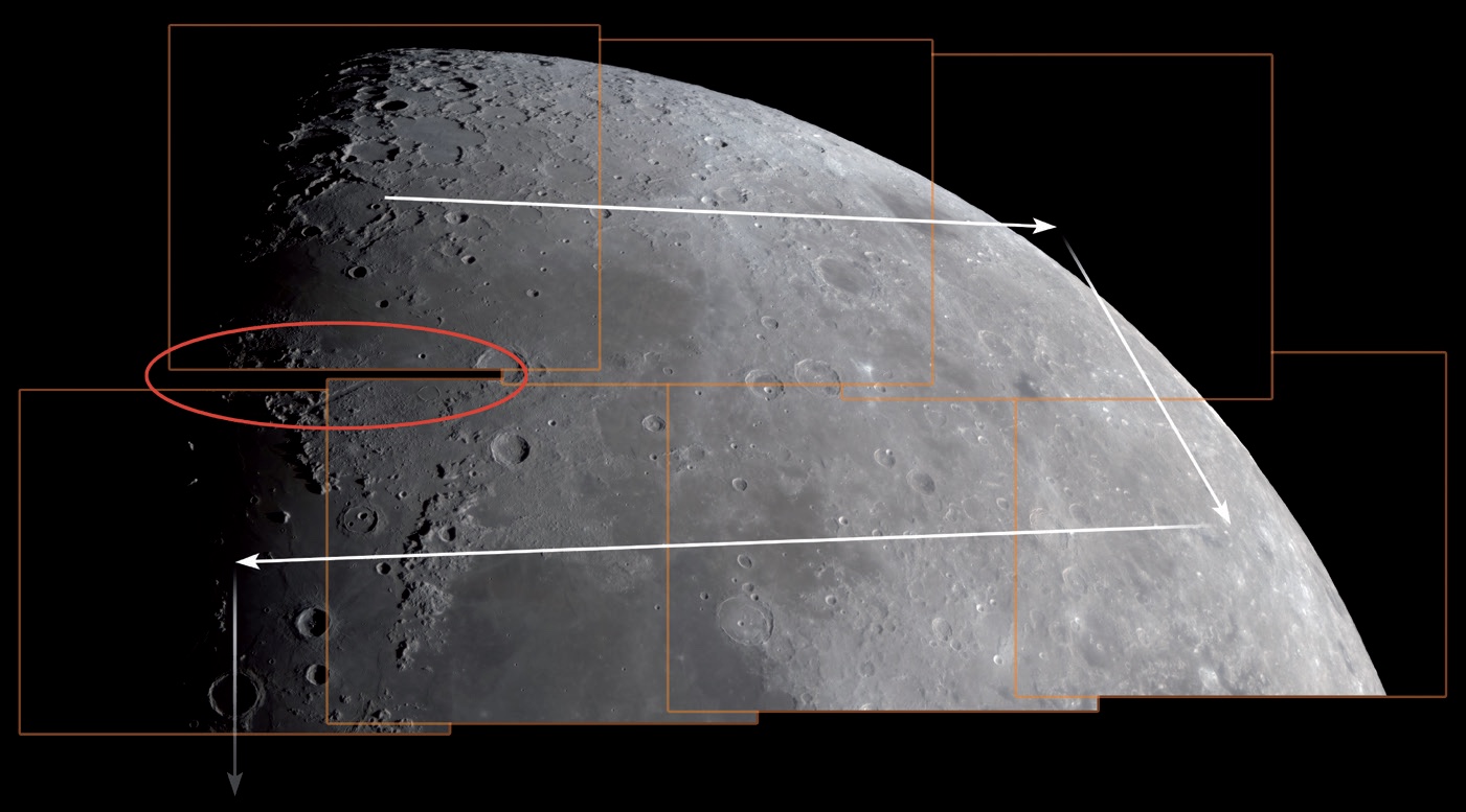 Bei der Aufnahmeprozedur wird der Mond Stück für Stück wie einer Serpentinenstraße
folgend abgefahren. Doch auf eine gute Nachführung oder eine ausreichende Überlappung
sollte geachtet werden, sonst entstehen ärgerliche Fehlstellen. Außerdem ist es hilfreich, wenn die
Bildkanten möglichst parallel zu den Bewegungsrichtungen orientiert sind. M. Weigand