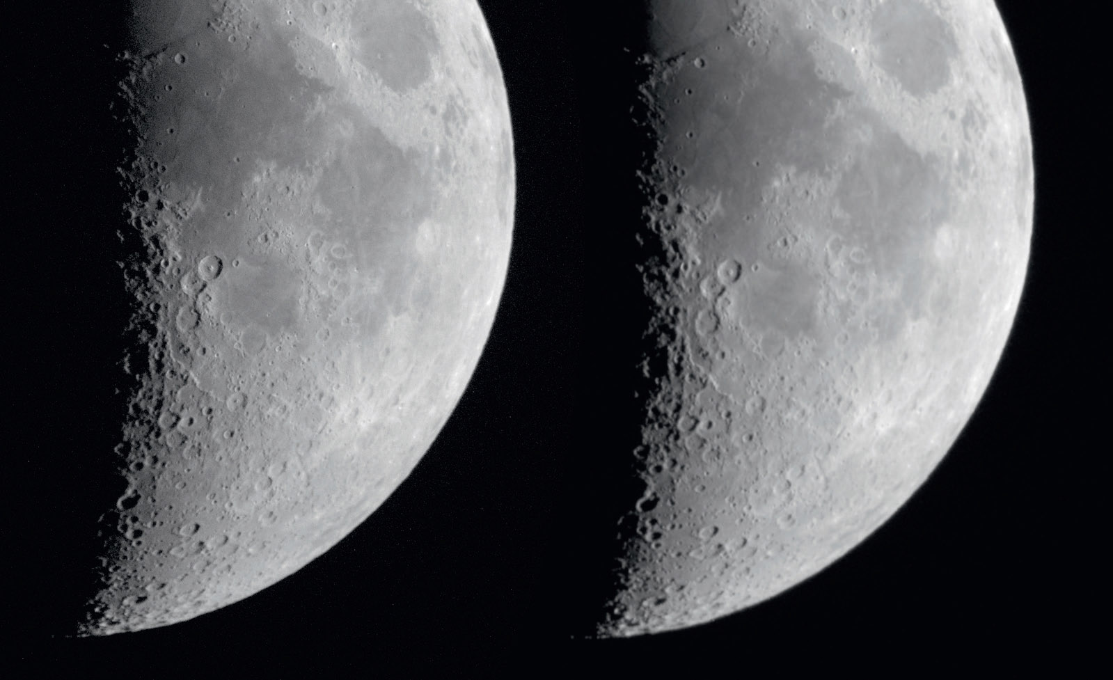 Sur des images de la Lune de très courte exposition, l’effet d’un réducteur peut être très bien illustré. À gauche, image de la Lune à f/12,4 et, à droite, image avec réducteur à f/6,7, temps d’exposition et ouverture identiques. L’image avec réducteur a été agrandie à la même échelle d’image. M. Weigand