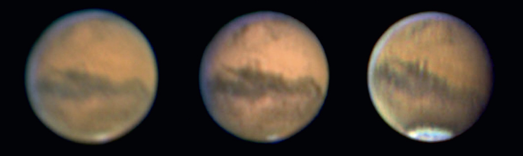Fig. 4 : exemple d’utilisation d’un filtre passe-bande IR : en 2003, Mars était également très basse dans le ciel. Avec un mauvais seeing (à gauche), l’image apparaît très floue. La méthode IR-RVB (au centre) fournit des structures d’albédo plus claires, mais elle ne donne pas la qualité d’une image RVB en présence d’un meilleur seeing (à droite). Toutes les images ont été obtenues avec un télescope Maksutov de 150 mm. Mario Weigand